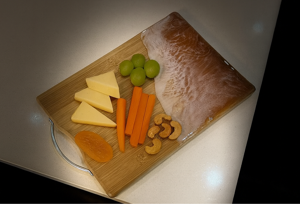 White Wave Epoxy Serving Tray – Handmade Bamboo Design