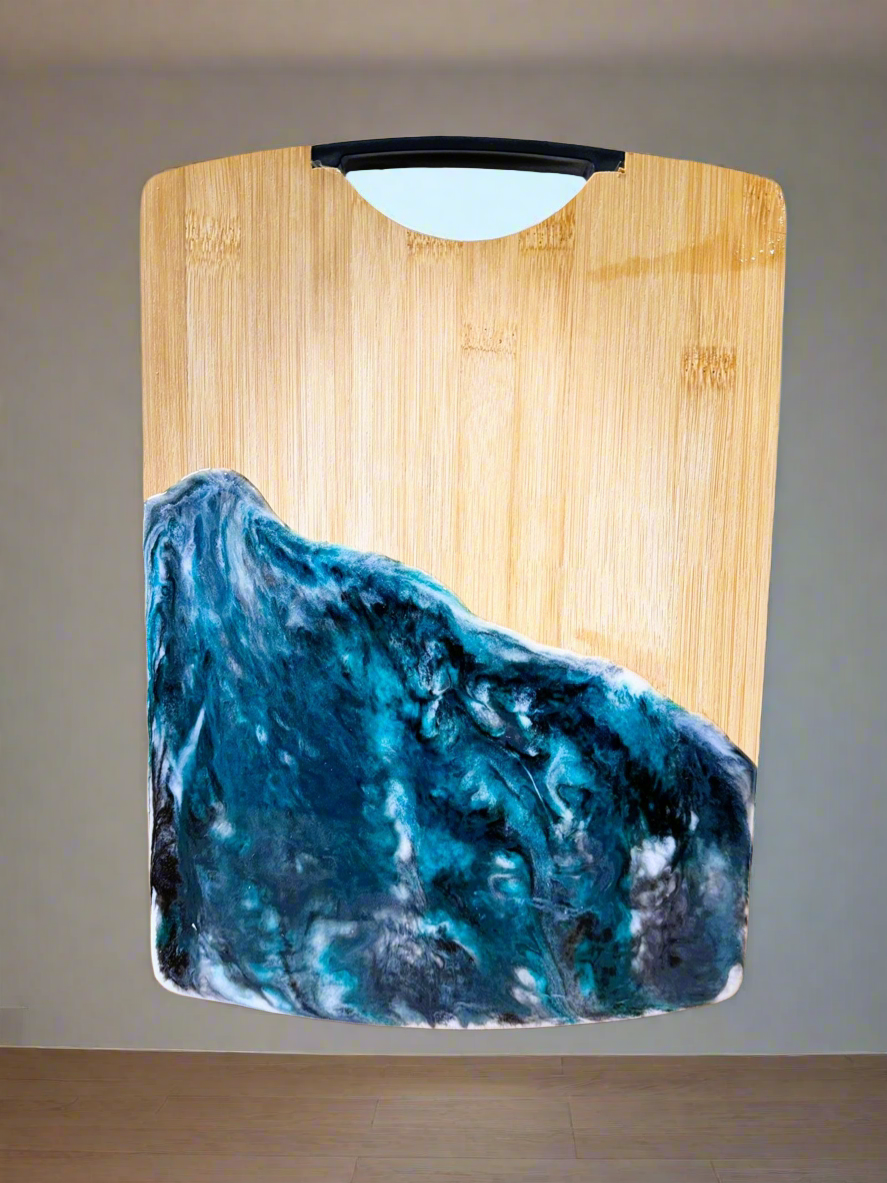 Emerald Wave Epoxy Serving Board – Handmade Bamboo Design