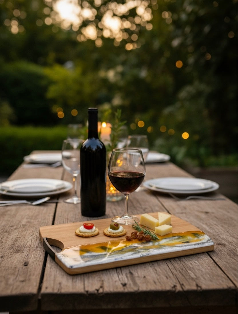 Handmade Epoxy Resin Cheese Board – Bamboo Charcuterie & Wine Serving Tray