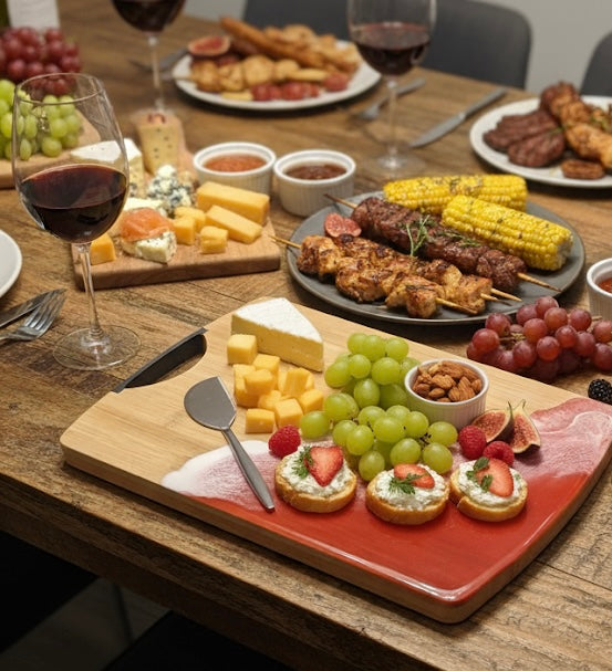 Red Epoxy Resin Cheese Board – Handmade Bamboo Charcuterie & Wine Serving Tray