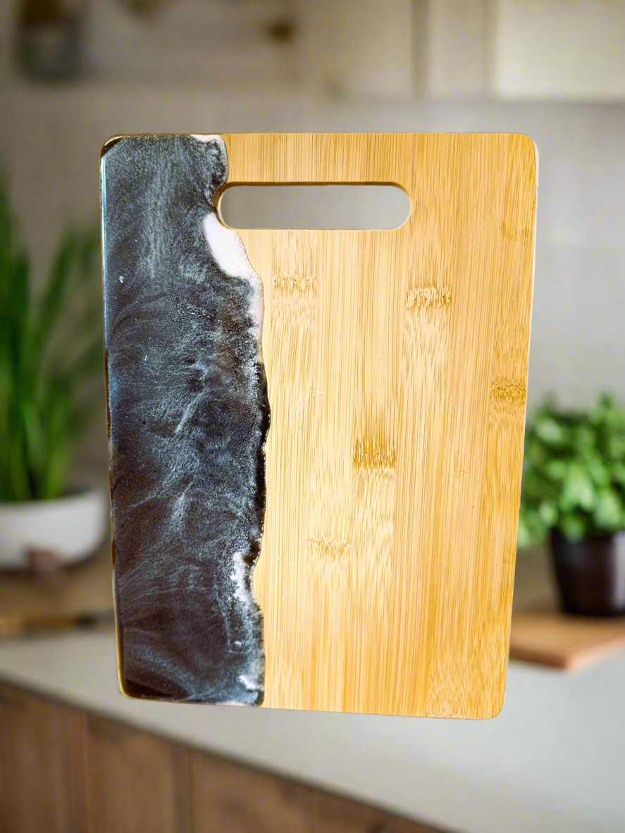 Black Marble Epoxy Serving Board – Handmade Bamboo Design