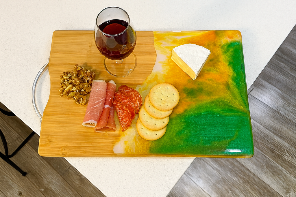 Bamboo Cutting Board with Epoxy Art – Yellow & Green Design