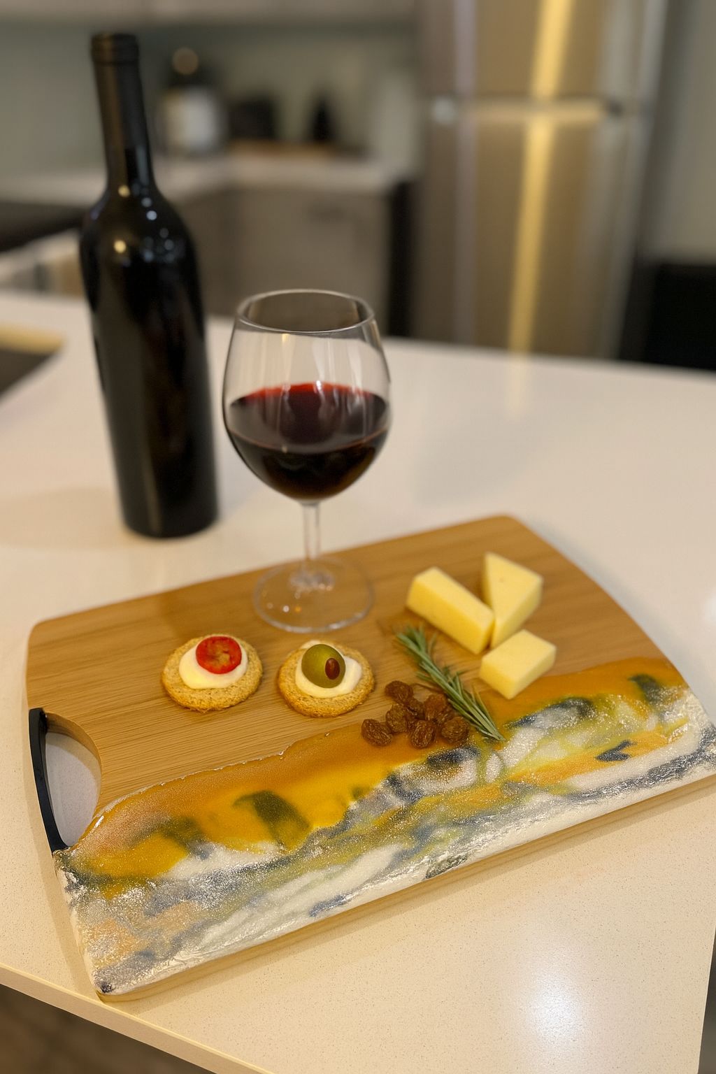Handmade Epoxy Resin Cheese Board – Bamboo Charcuterie & Wine Serving Tray