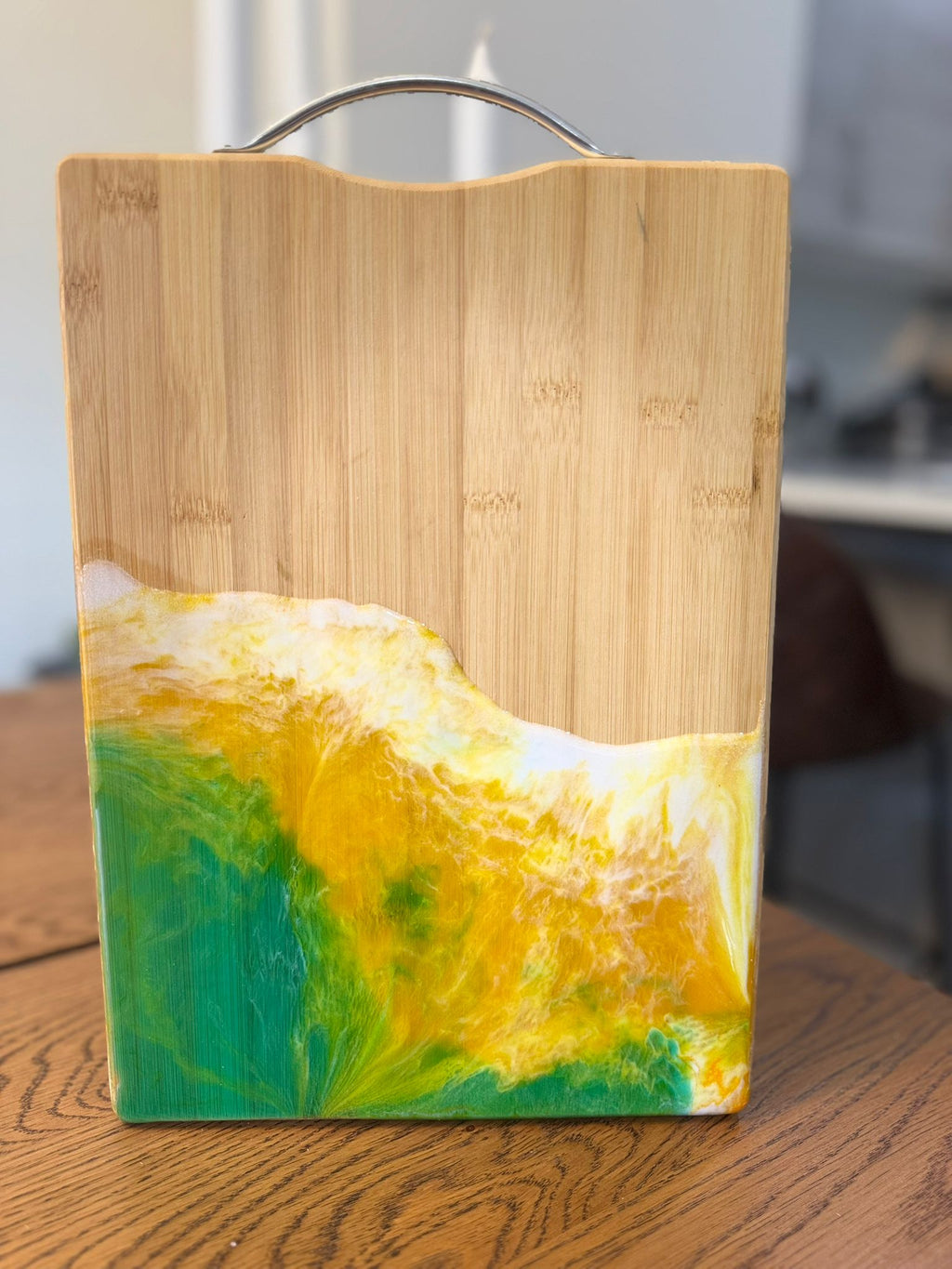Bamboo Cutting Board with Epoxy Art – Yellow & Green Design