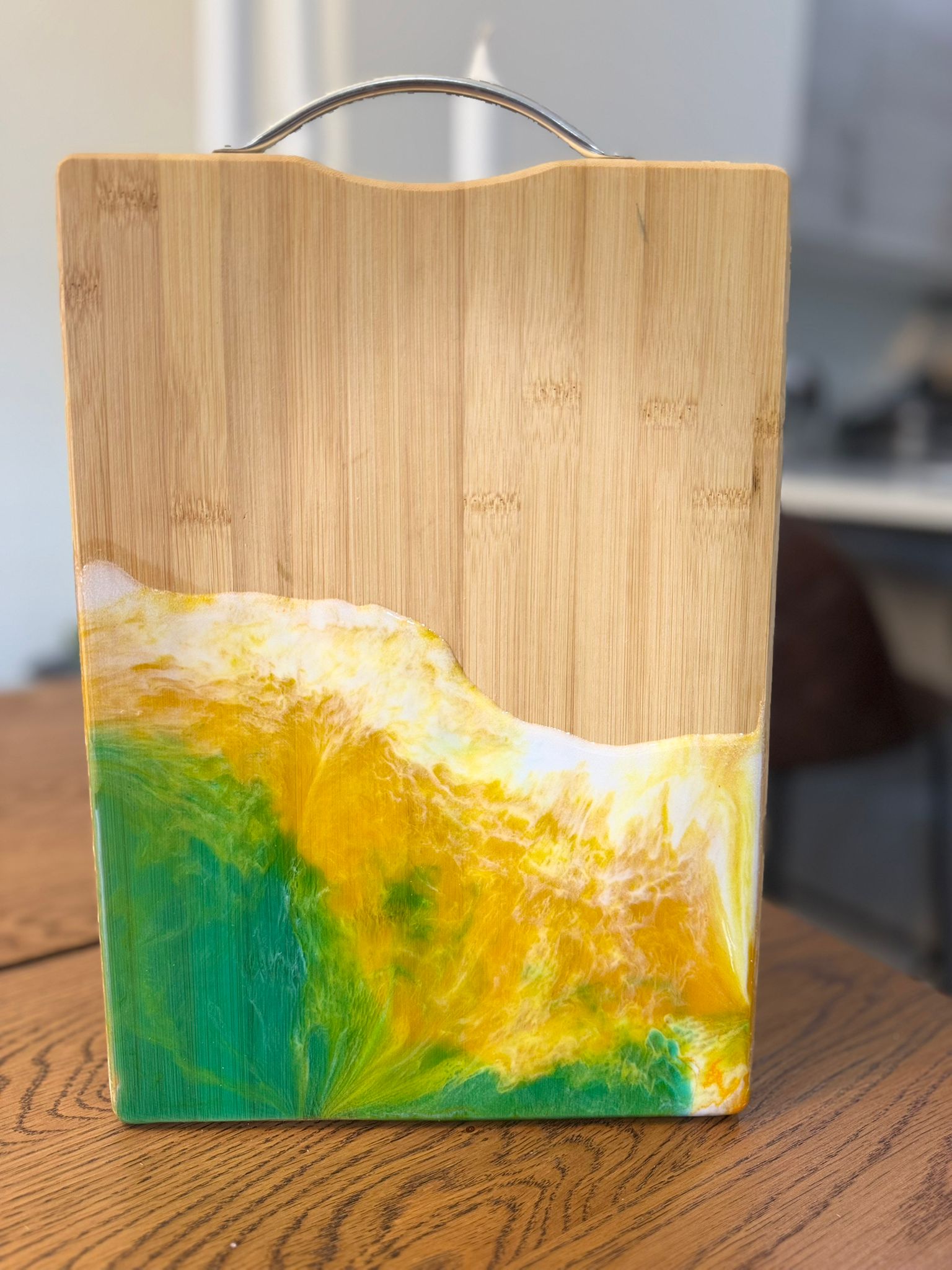 Bamboo Cutting Board with Epoxy Art – Yellow & Green Design