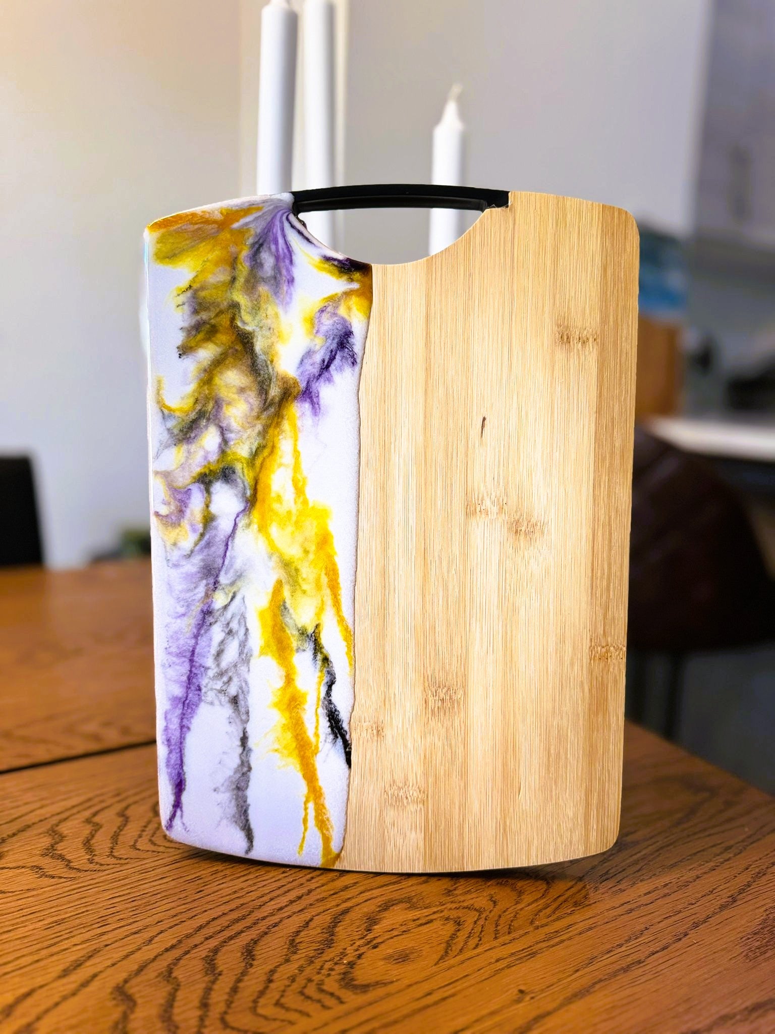 Golden Amethyst Epoxy Serving Tray – Handmade Bamboo Design