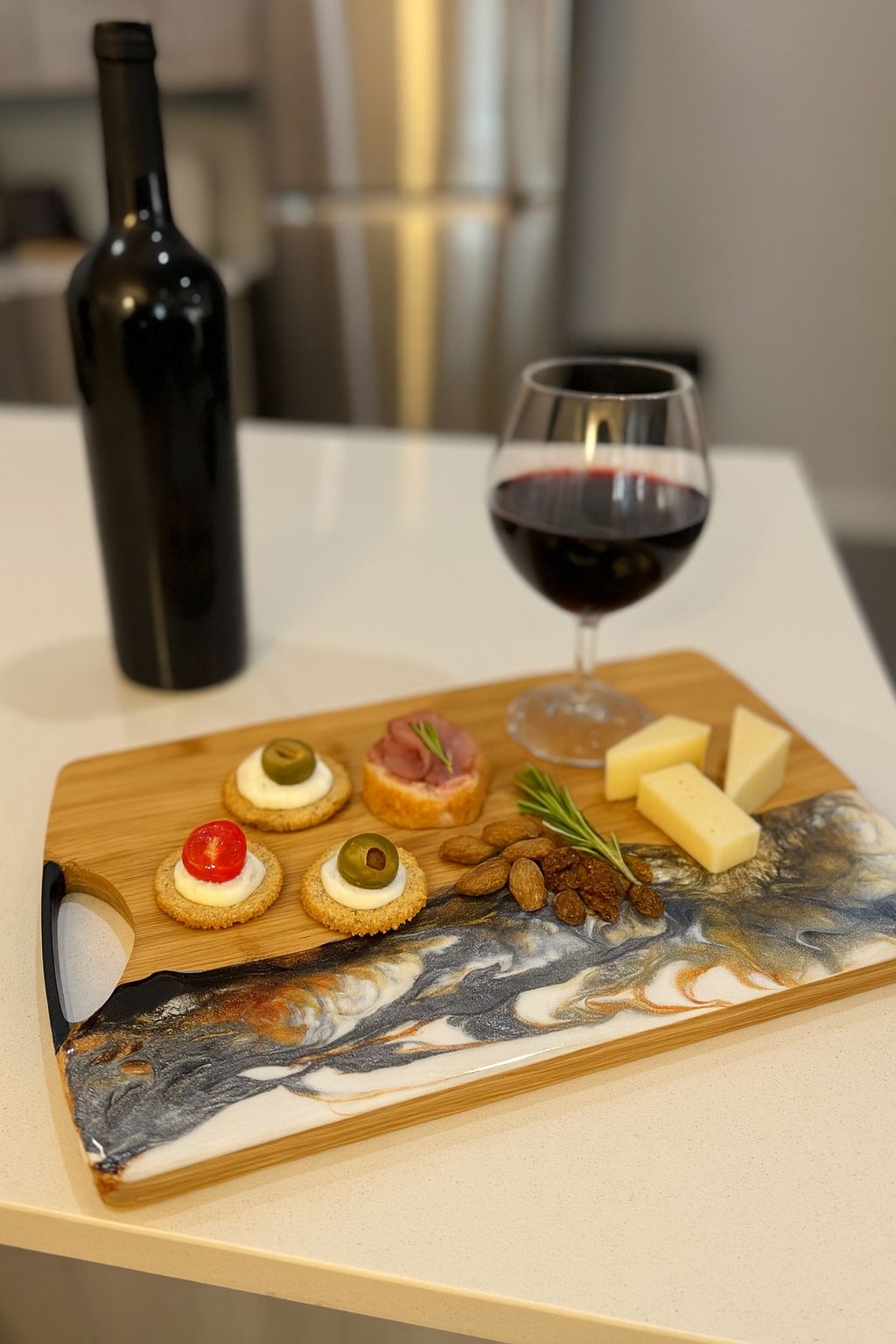 Handmade Ocean Wave Epoxy Charcuterie Board – Bamboo Resin Serving Tray