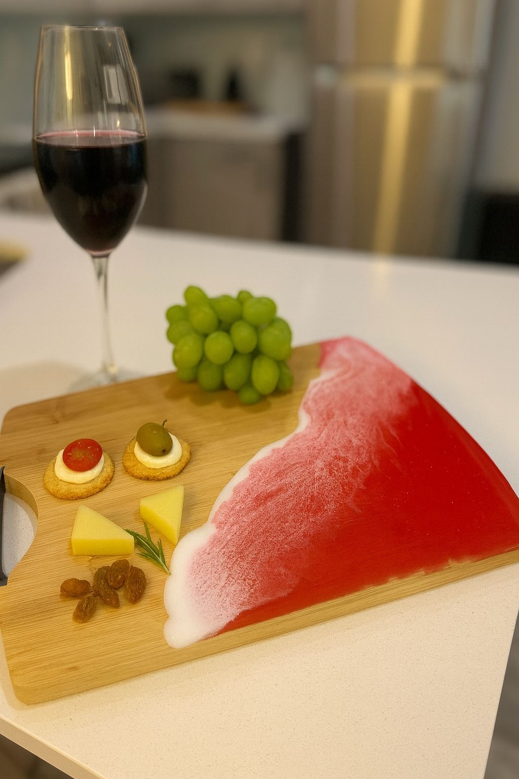 Red Epoxy Resin Cheese Board – Handmade Bamboo Charcuterie & Wine Serving Tray